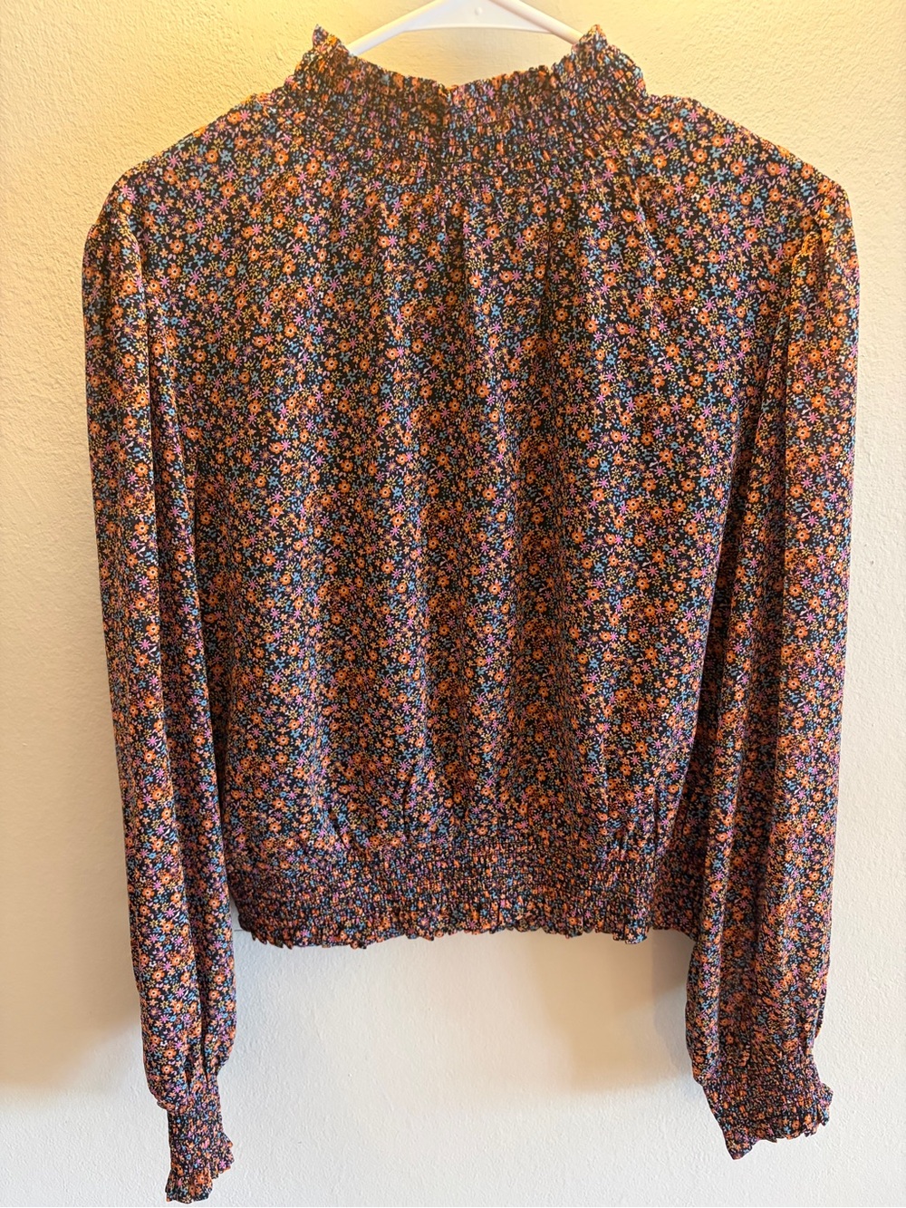 Lost + Wander Black Multi Floral Smocked-Neck Long Sleeve Top